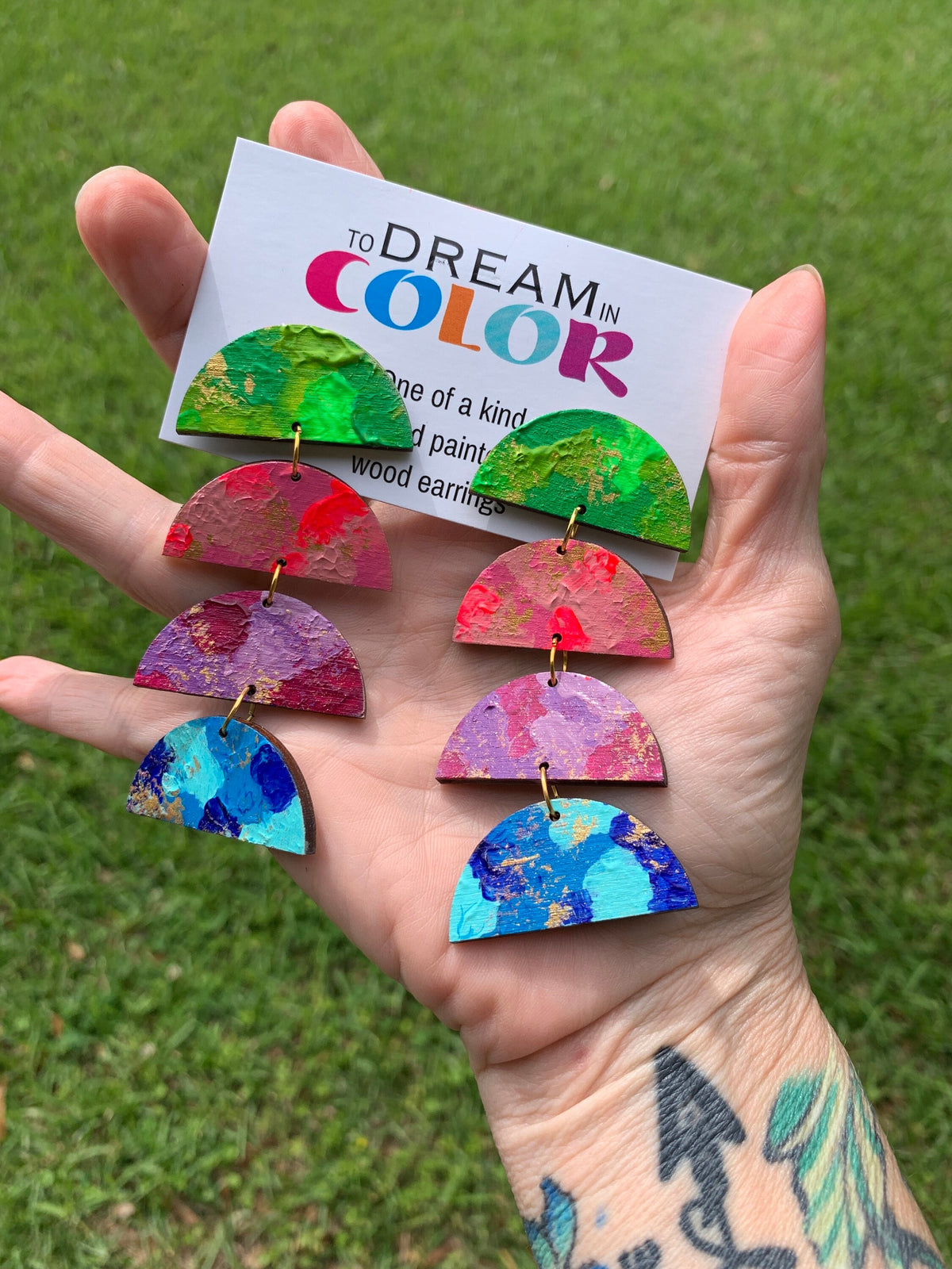 Hand-Painted Wood Dangle Earrings: Bold Multicolored Statement Jewelry
