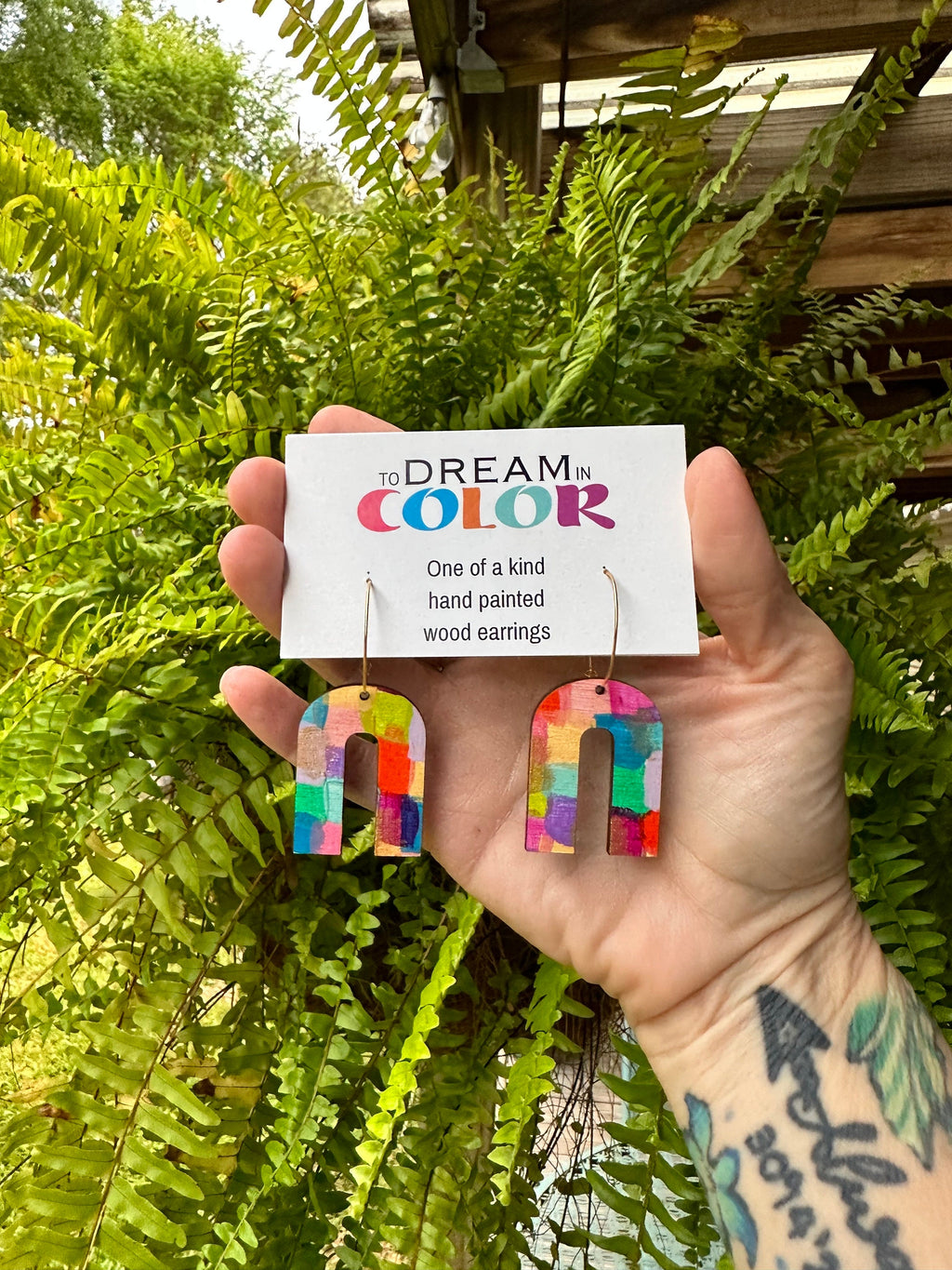 Hand Painted Wood Arch Earrings: Multicolored Mini Dangle Earrings