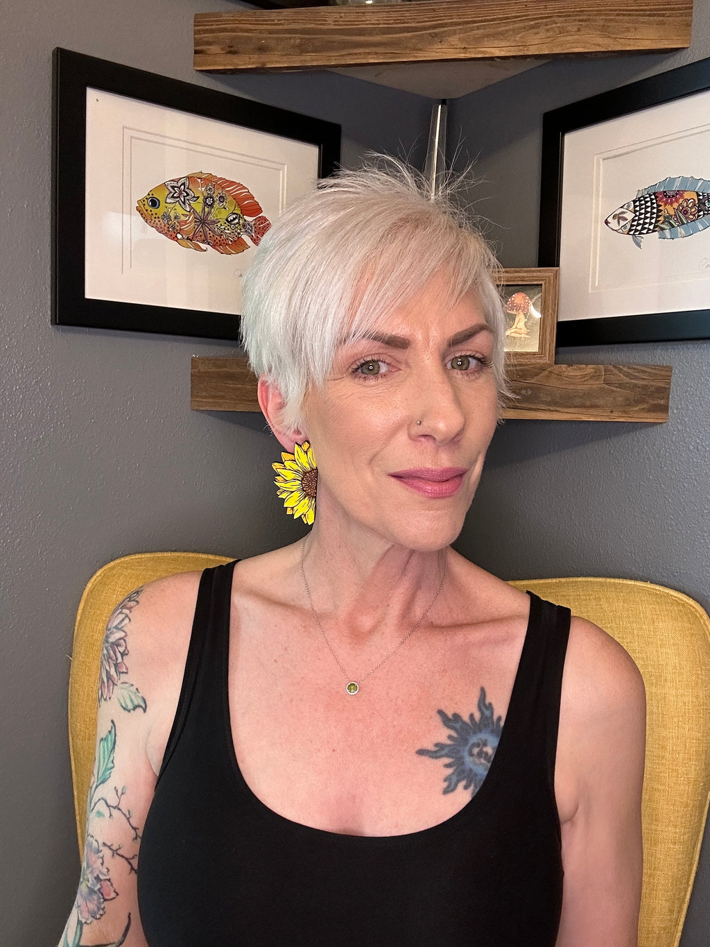 Sunflower Earrings – Hand Painted Lightweight Wood Statement Jewelry – Bright Bold