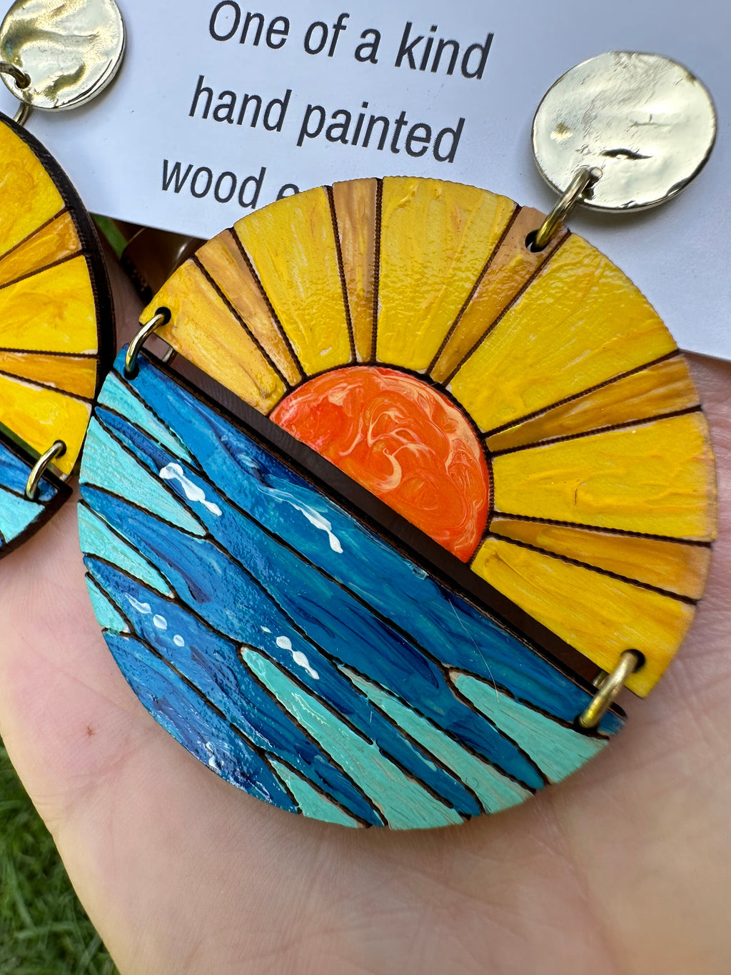 Hand-Painted Sun and Ocean Wood Earrings: Lightweight Hypoallergenic Hooks
