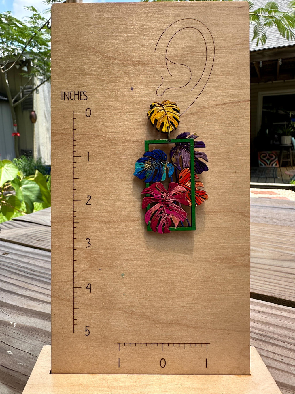 Rainbow Monstera Earrings: Hand-Painted Wood Tropical Statement Jewelry