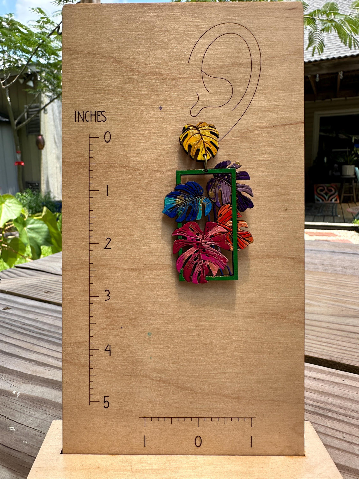 Rainbow Monstera Earrings: Hand-Painted Wood Tropical Statement Jewelry