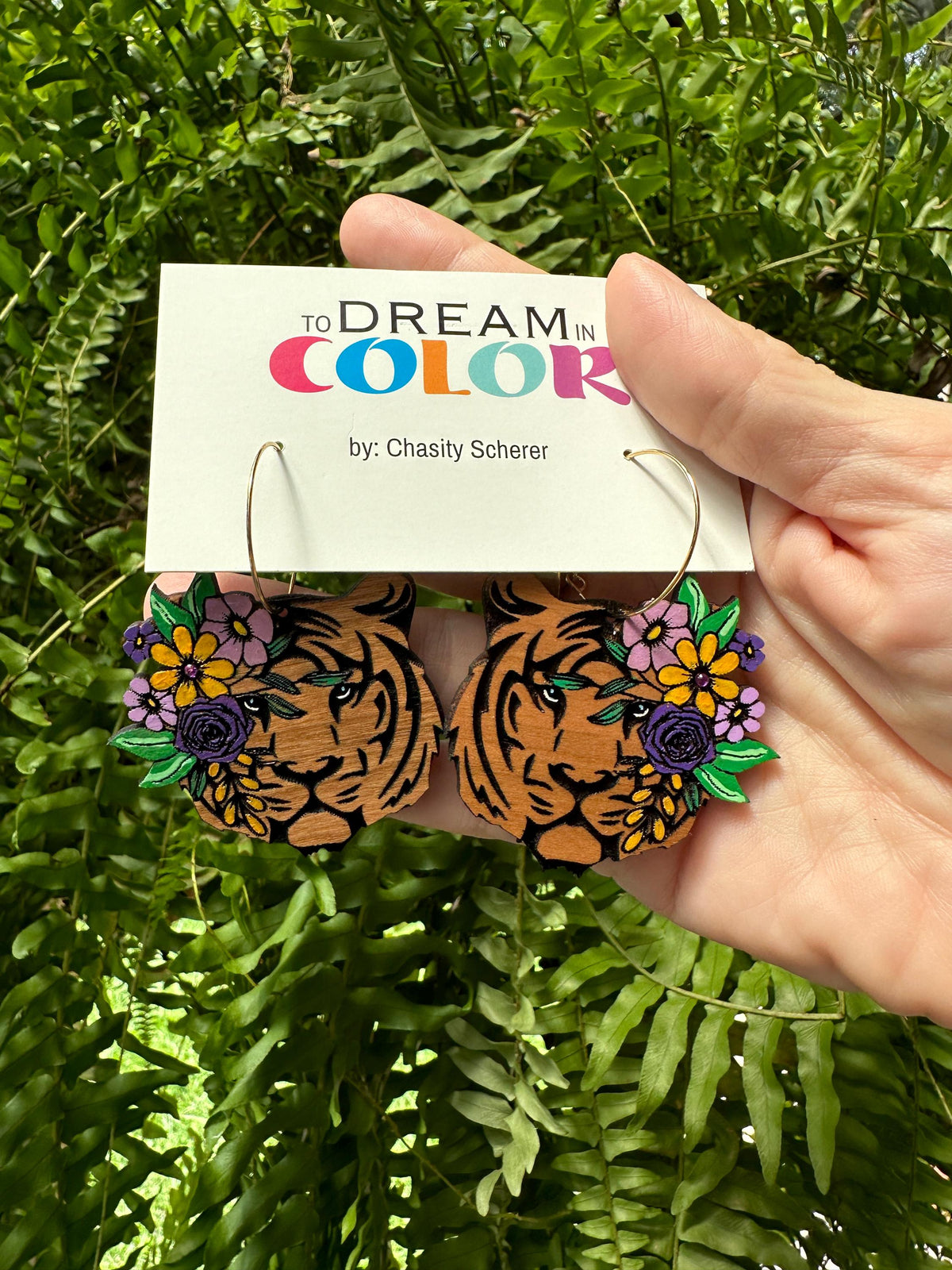 Handmade Tiger Earrings: Floral Wood Dangle Earrings