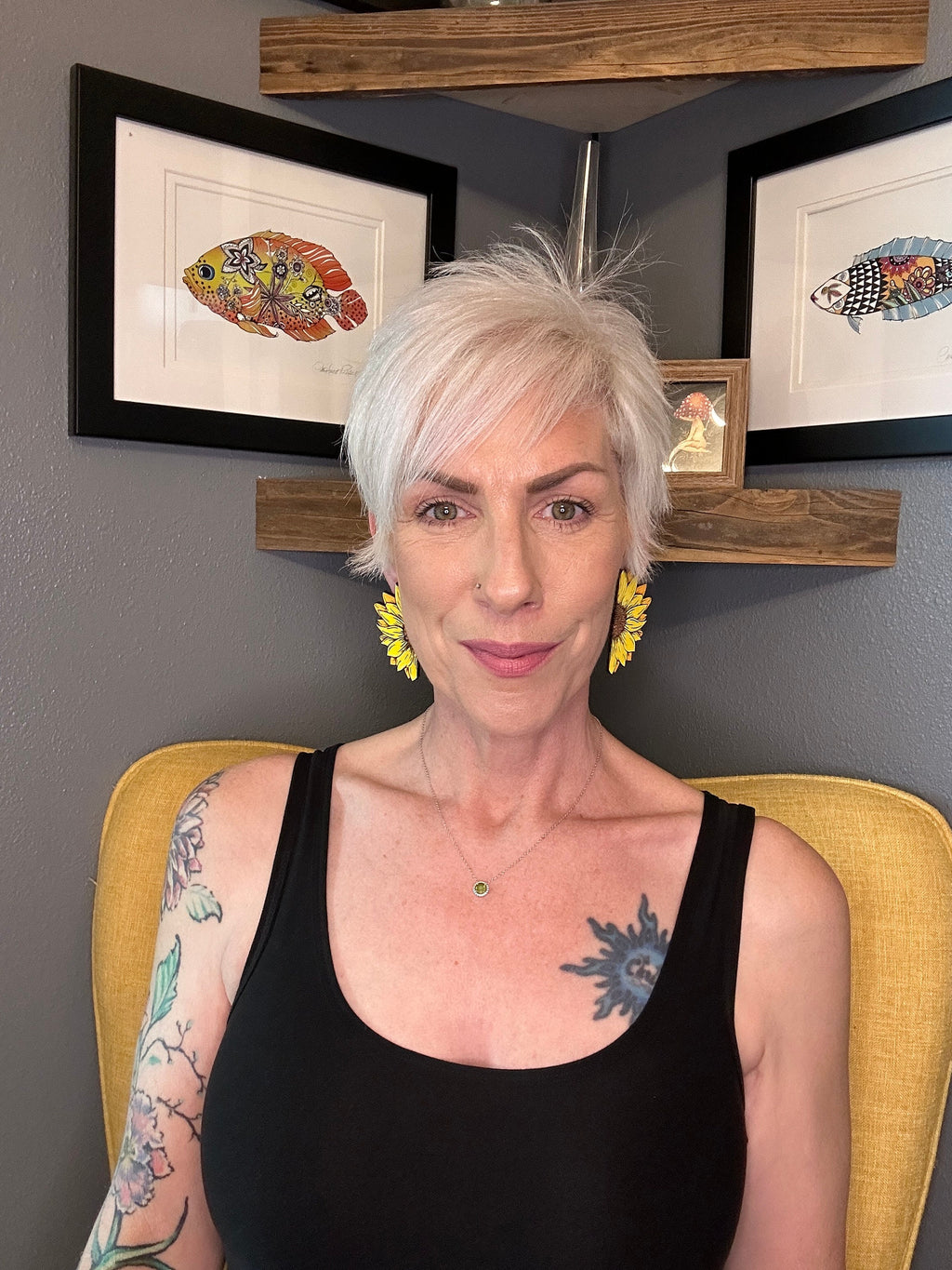 Sunflower Earrings – Hand Painted Lightweight Wood Statement Jewelry – Bright Bold