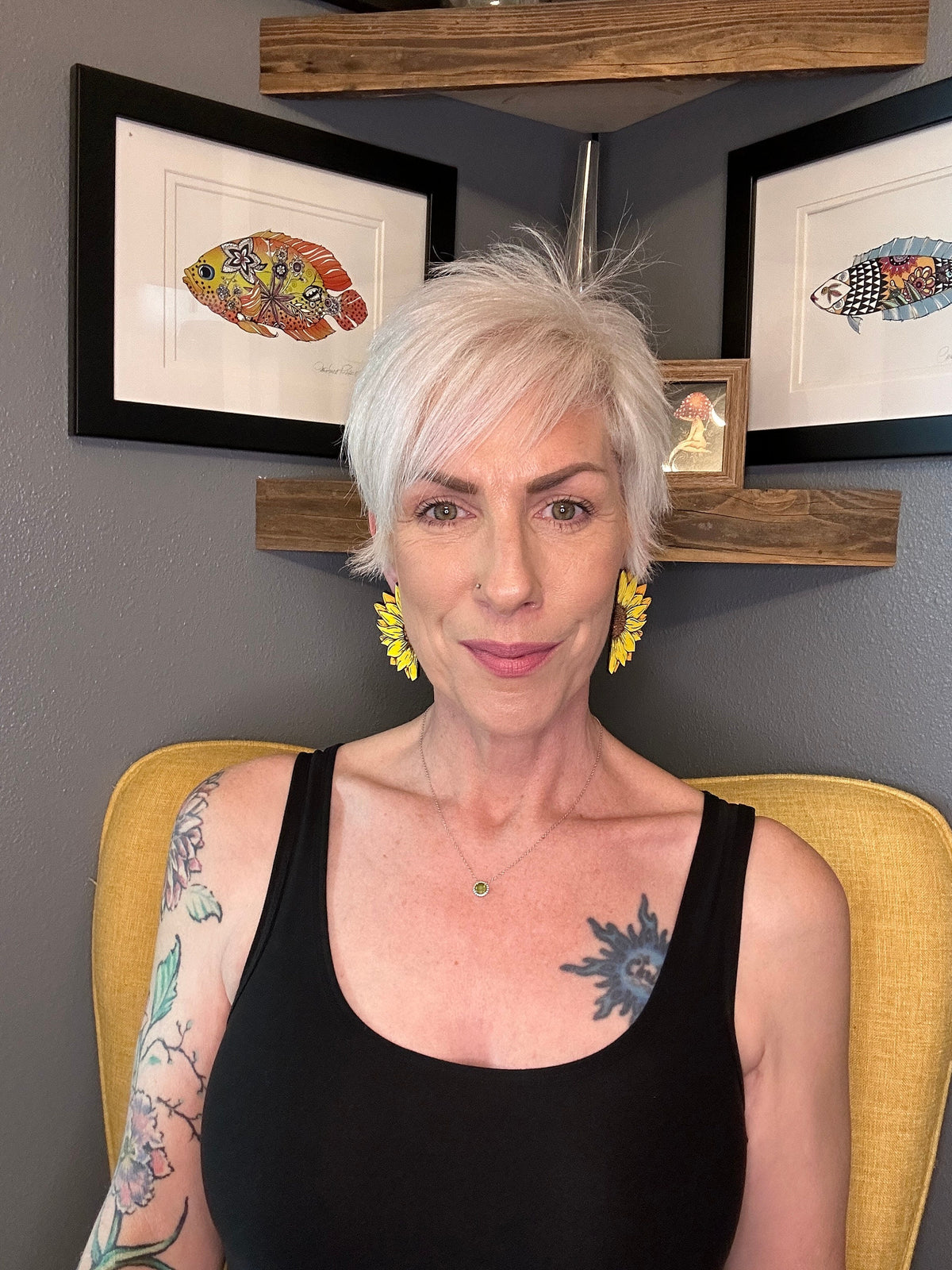 Sunflower Earrings – Hand Painted Lightweight Wood Statement Jewelry – Bright Bold