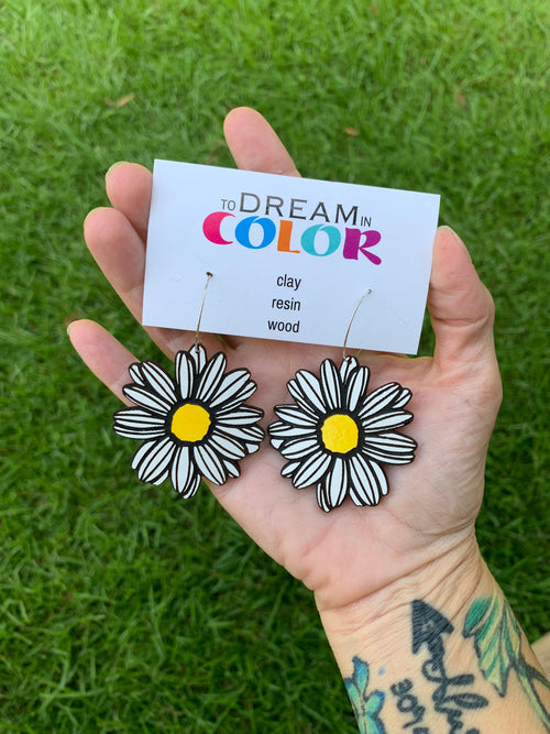 Daisy Hoop Earrings: Hand-Painted Laser Cut Wood, Hypoallergenic
