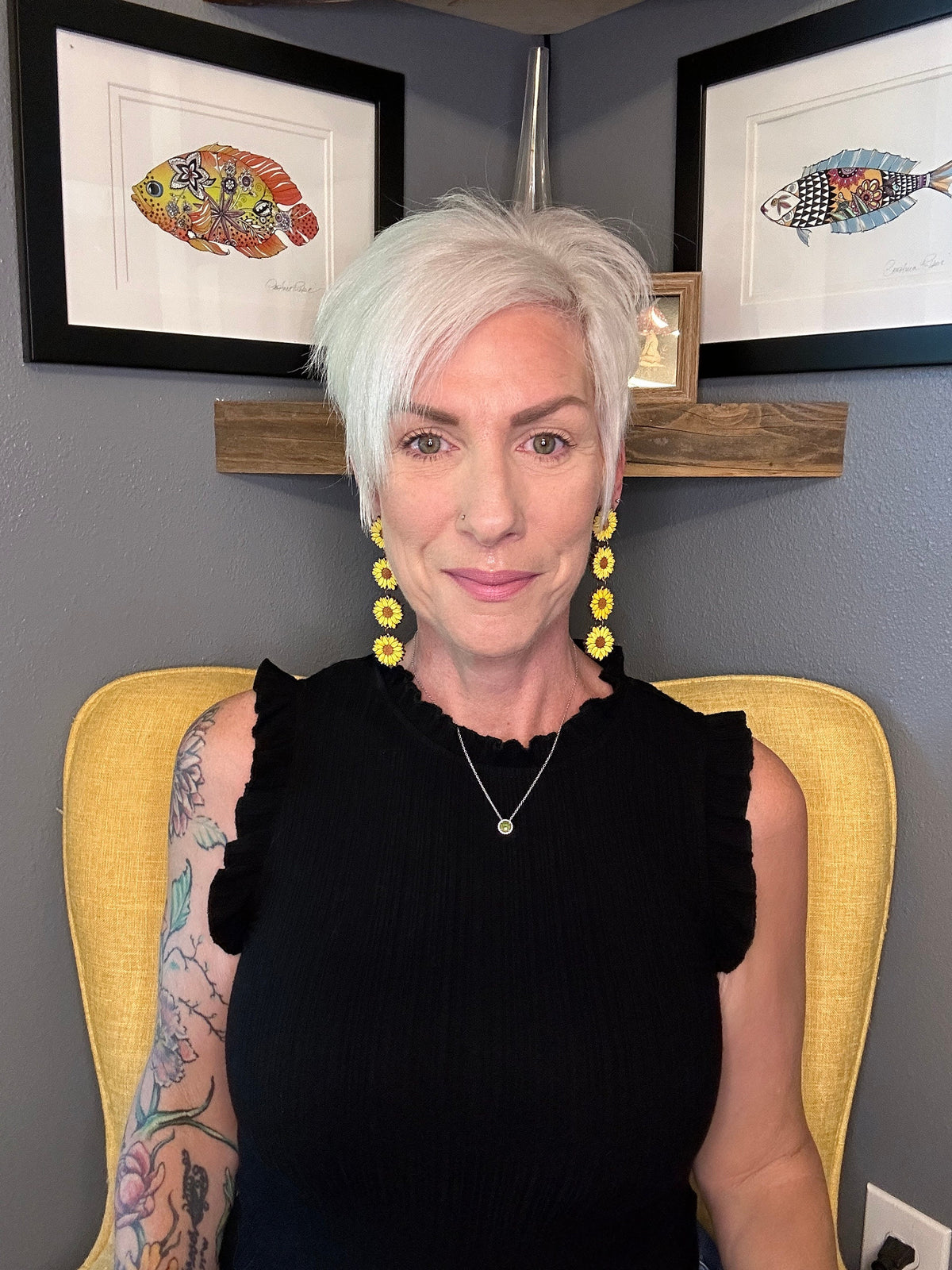 Sunflower Statement Earrings – Long Lightweight Hand Painted Wood Earrings – Clip-On Option – Summer Floral Jewelry