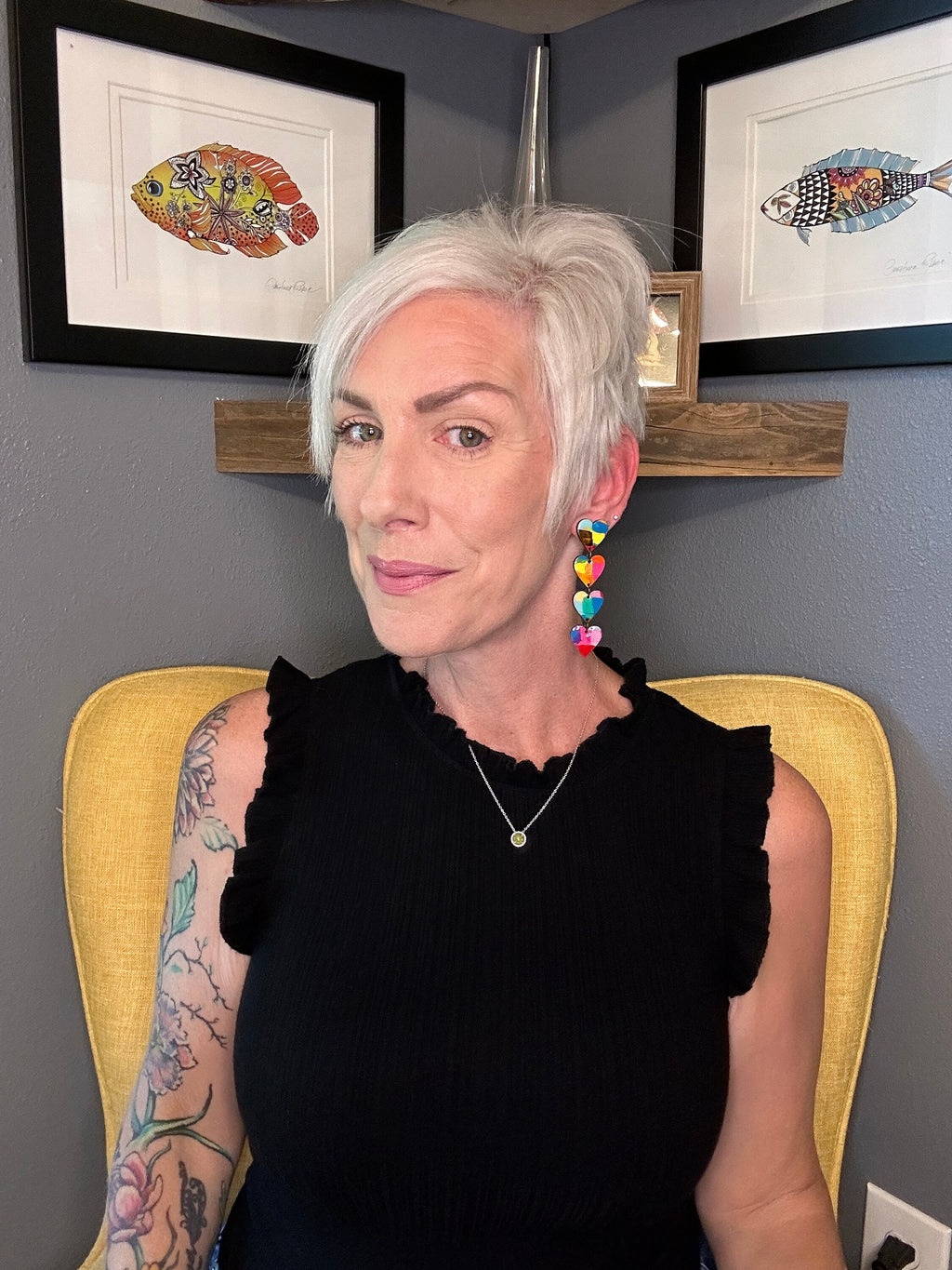 Hand-Painted Heart Dangle Earrings: Bold Laser Cut Wood