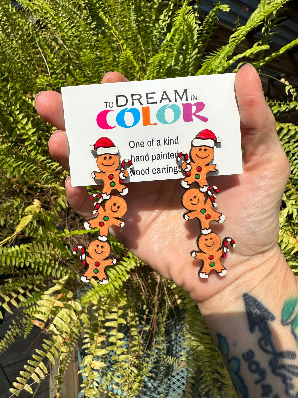 Hand-Painted Gingerbread Man Earrings: Christmas Wood Statement Jewelry