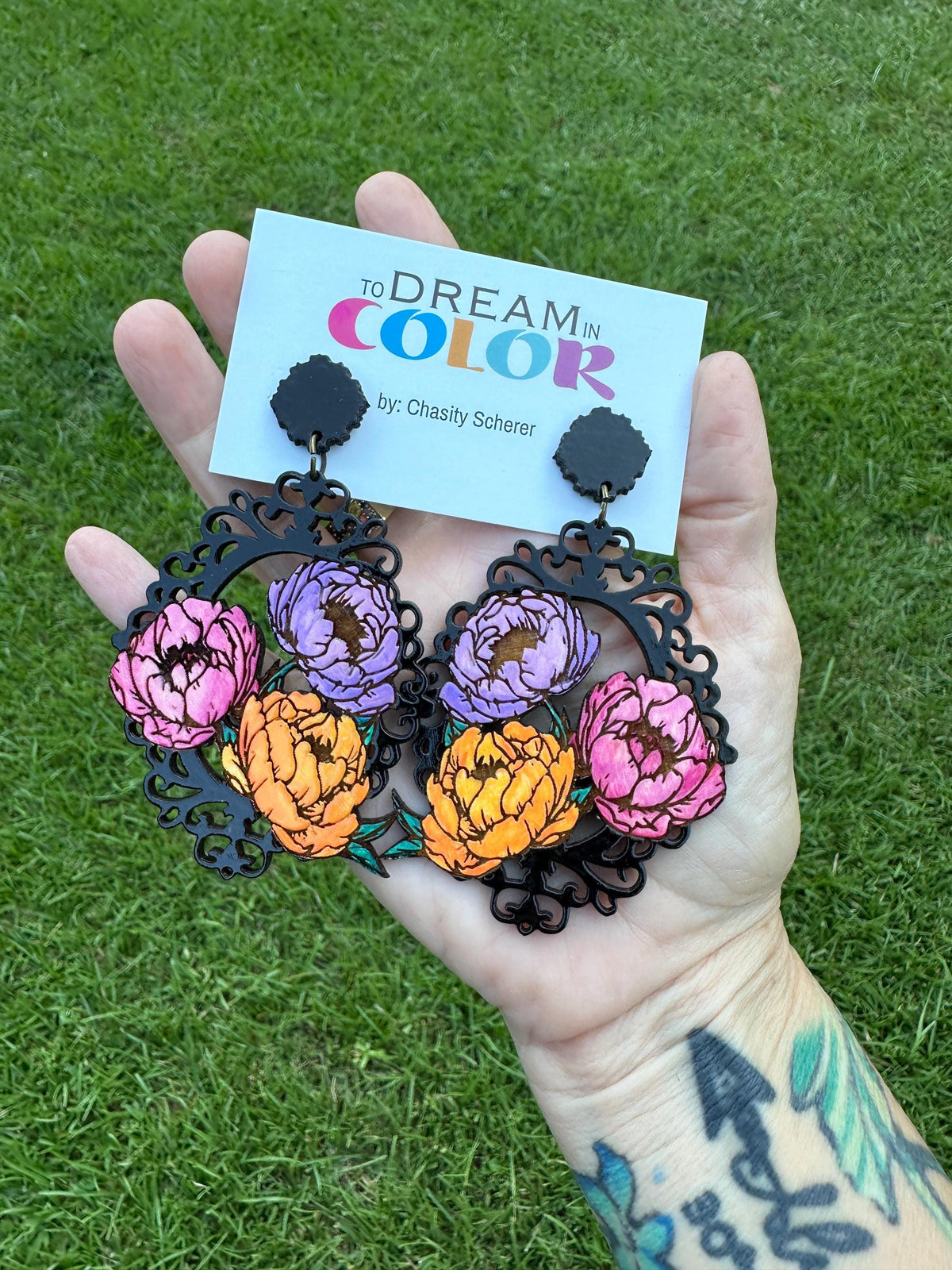 Hand Painted Peony Earrings