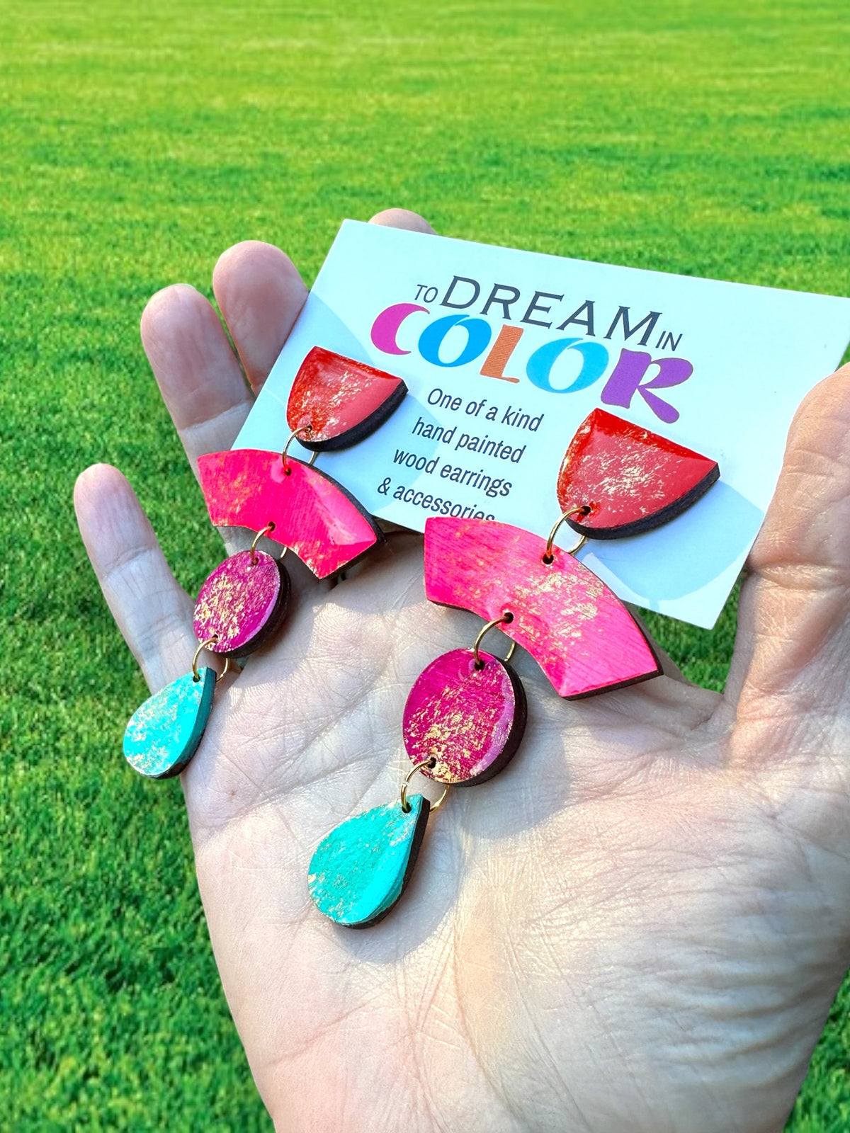 Neon 80s Geometric Earrings: Hand-Painted Wood & Resin