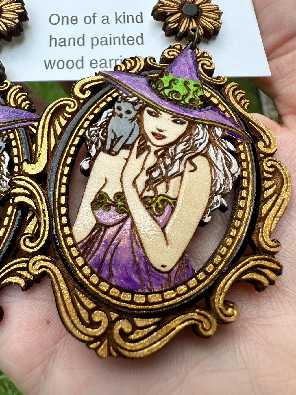 Hand-Painted Witch Earrings – Gothic Wood Statement Jewelry with Cat Familiar