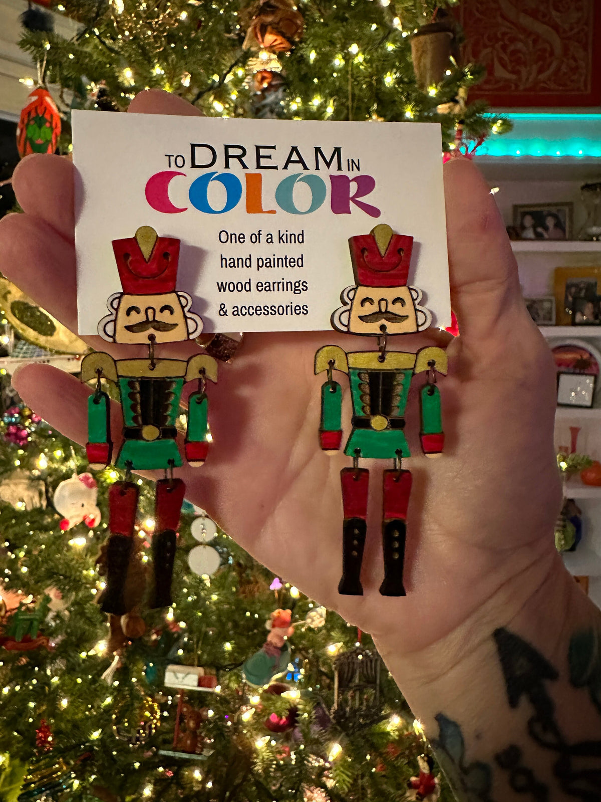 Hand-Painted Nutcracker Earrings: Wood Holiday Dangle Jewelry