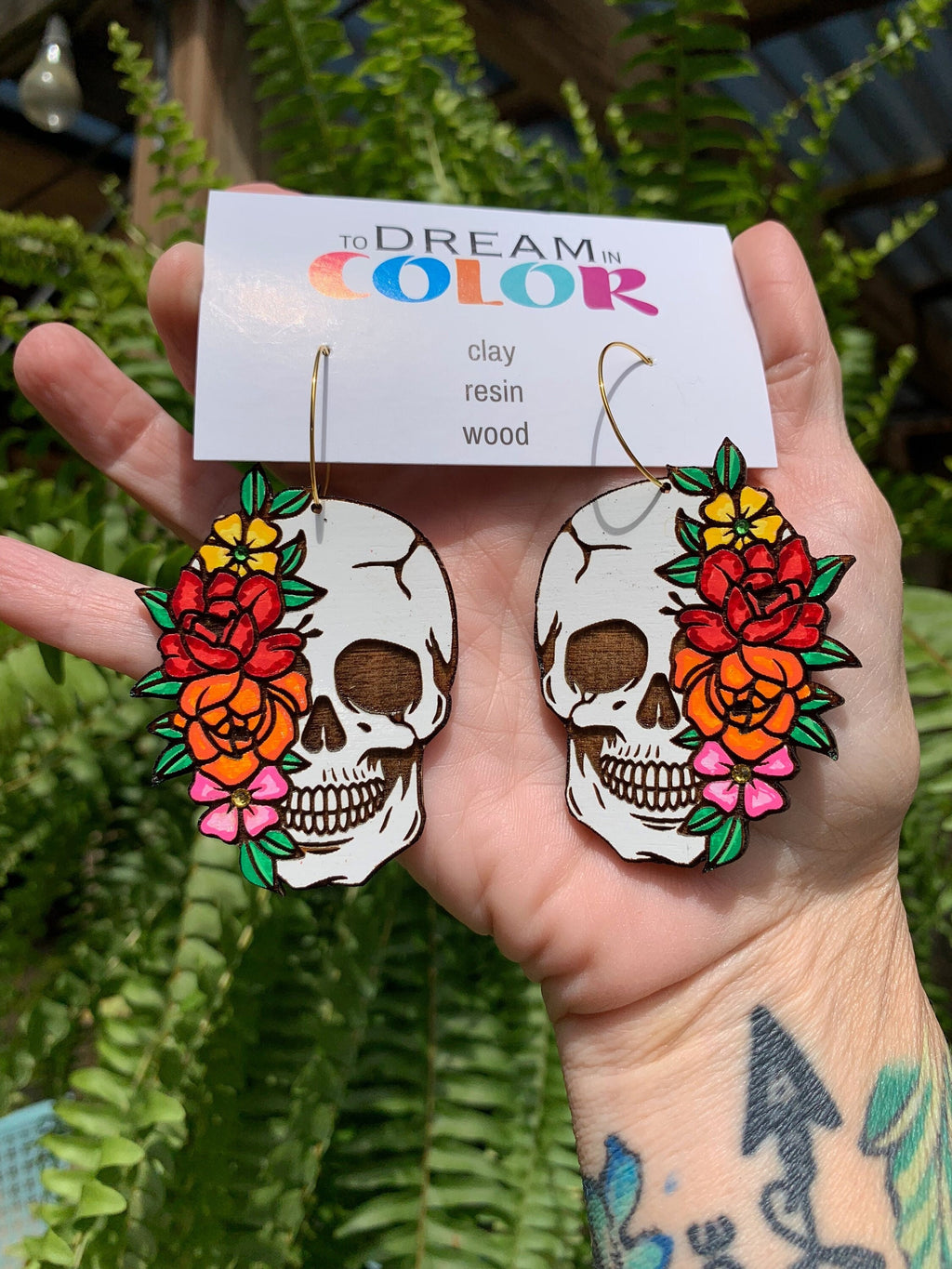 Floral Skull Earrings: Hand-Painted Wood Statement Jewelry