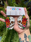 Floral Skull Earrings: Hand-Painted Wood Statement Jewelry
