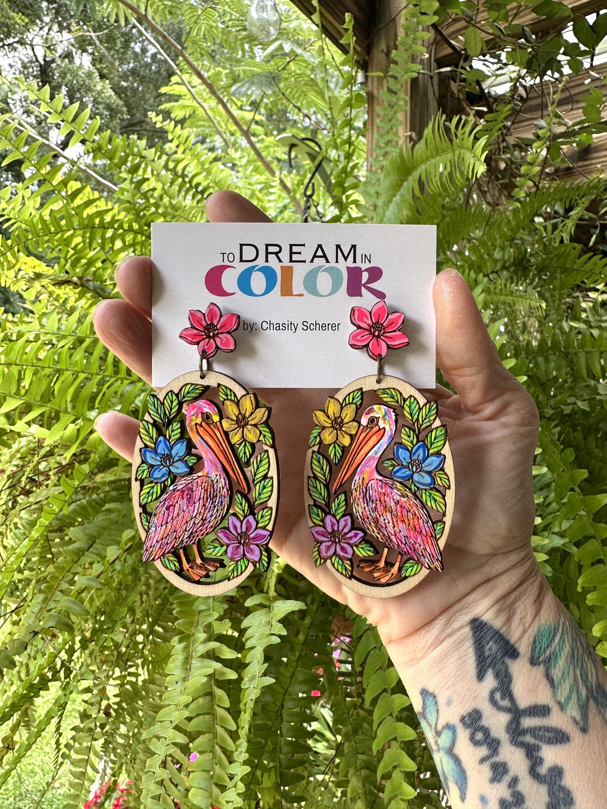 Hand-Painted Pelican Earrings: Tropical Floral Wood Statement Jewelry