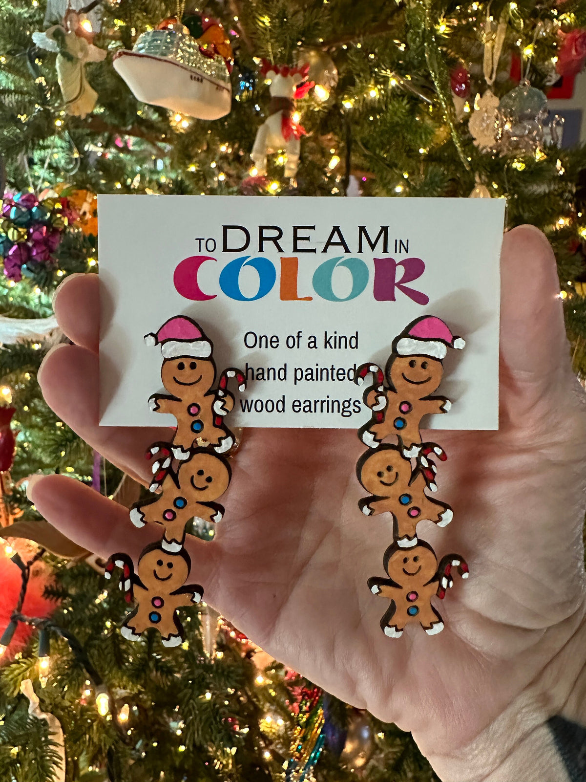 Hand-Painted Gingerbread Man Earrings: Christmas Wood Statement Jewelry