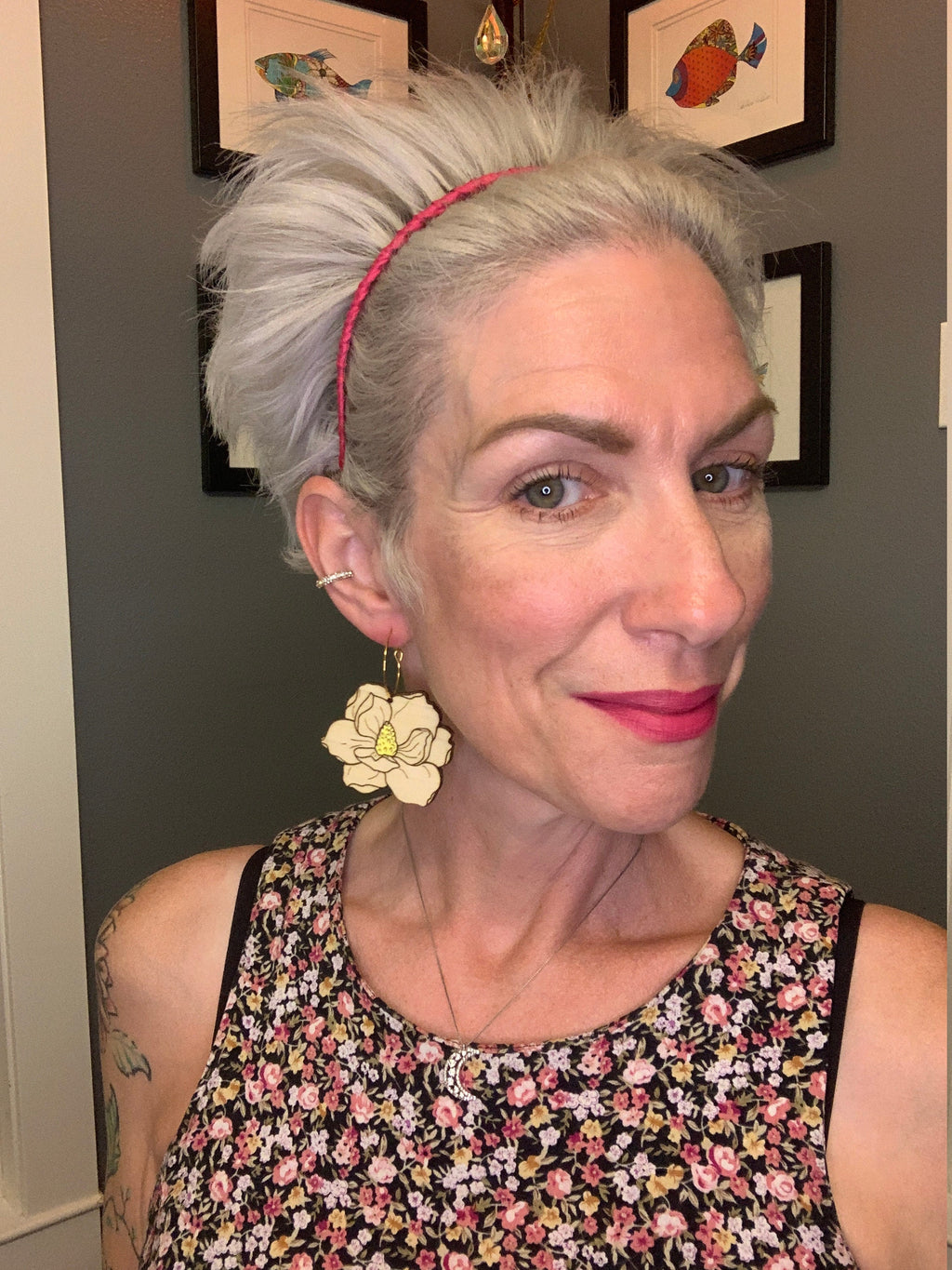 Laser Cut Magnolia Wood Earrings: Hand-Painted Statement Dangles
