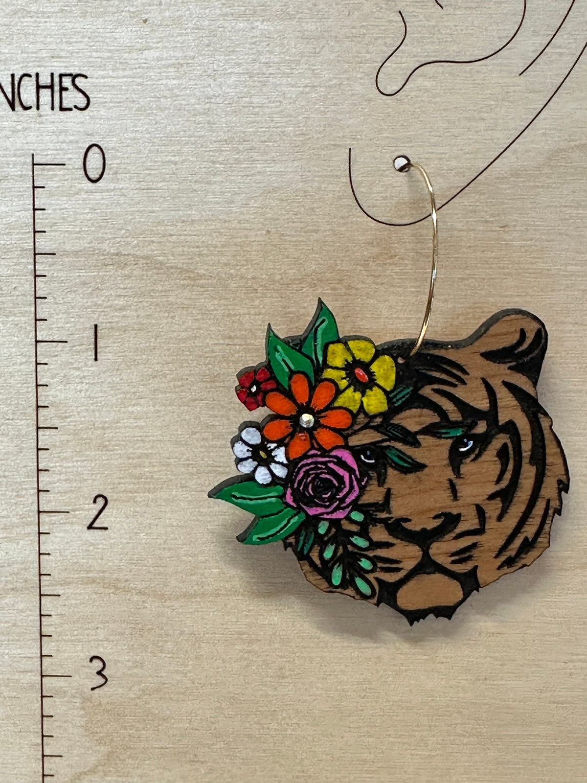 Handmade Tiger Earrings: Floral Wood Dangle Earrings