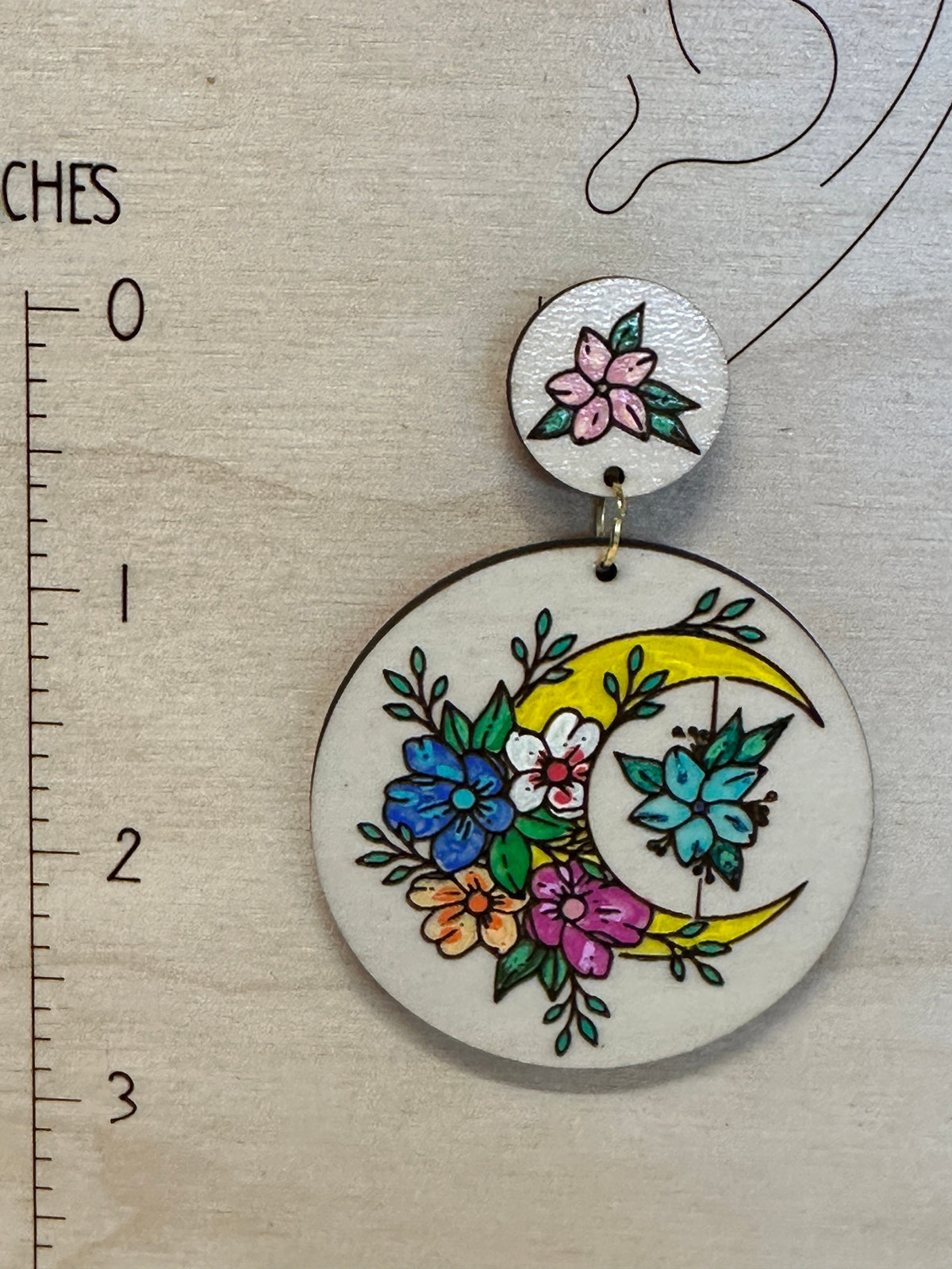 Hand-Painted Crescent Moon Earrings: Floral Wooden Boho Jewelry