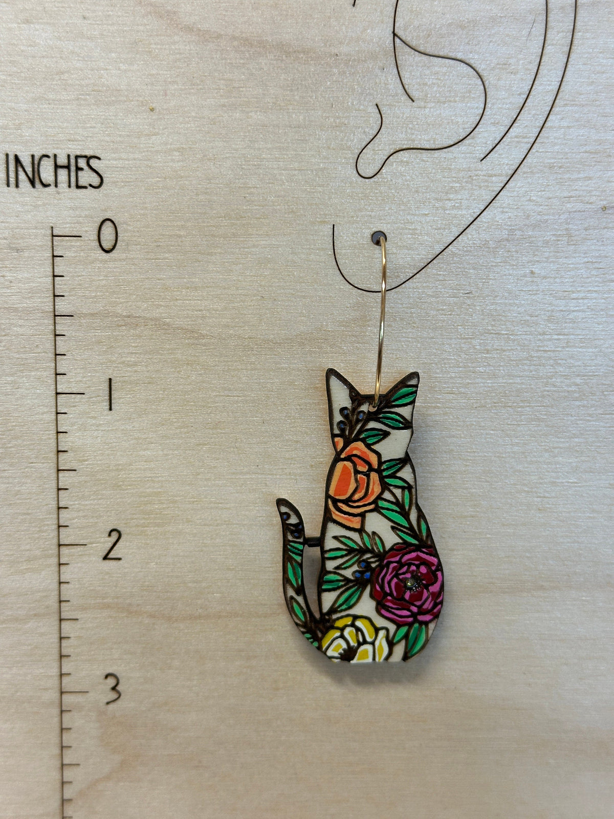 Floral Cat Earrings: Hand-Painted Wood Statement Jewelry
