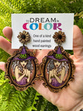 Hand-Painted Witch Earrings – Gothic Wood Statement Jewelry with Cat Familiar