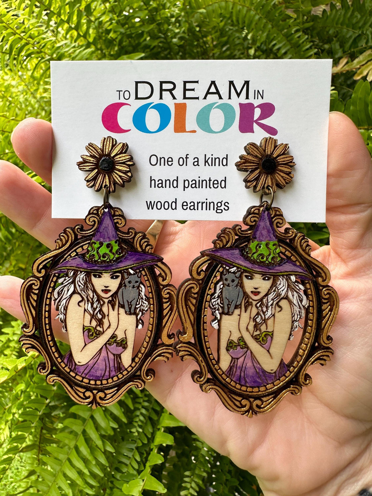Hand-Painted Witch Earrings – Gothic Wood Statement Jewelry with Cat Familiar