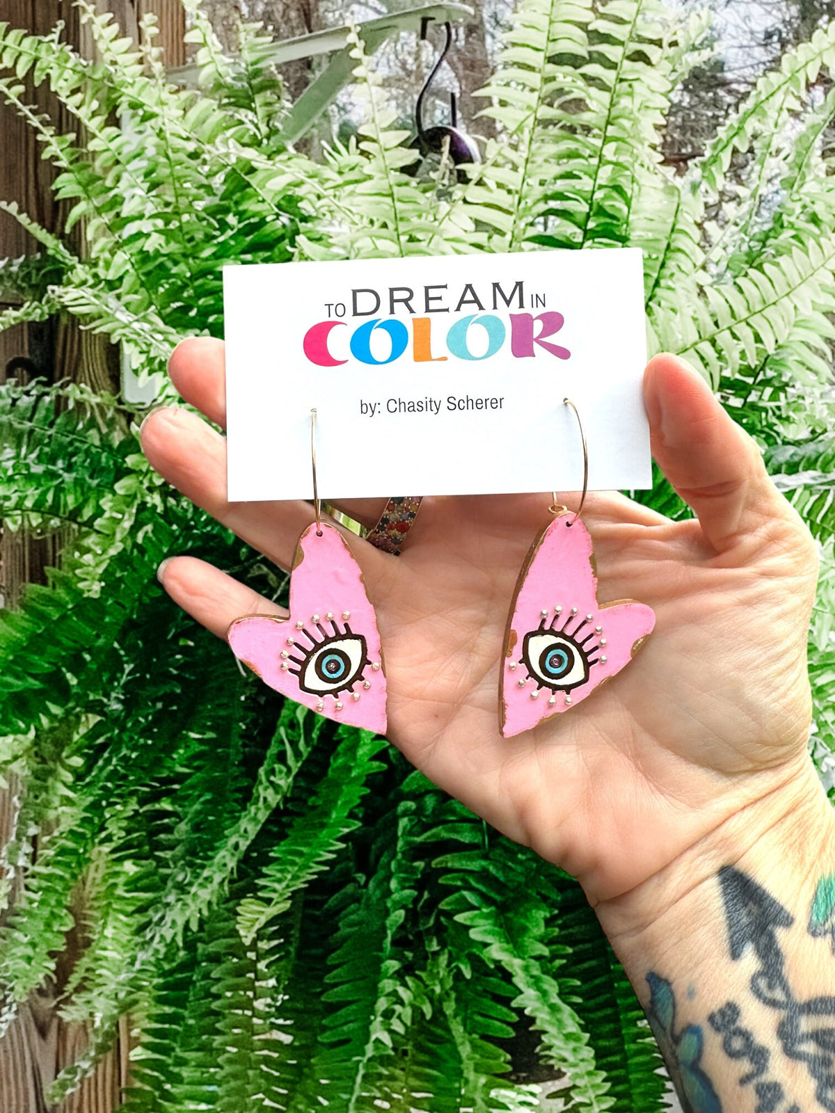 Handmade Wood Heart Earrings: Pink Evil Eye Statement Jewelry