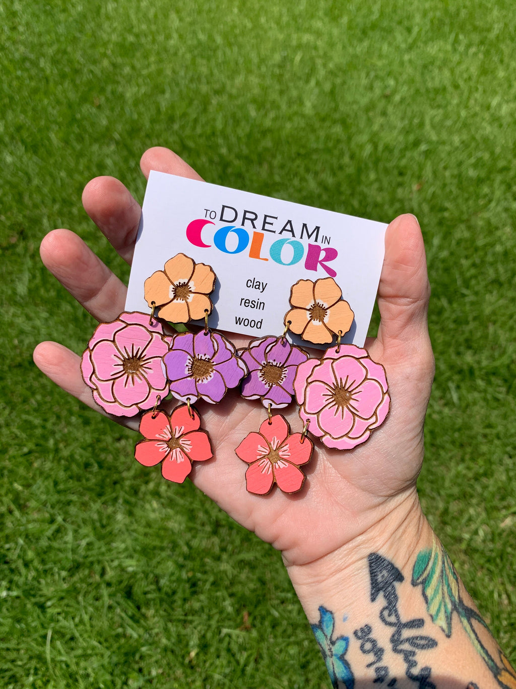 Hand-Painted Wood Flower Earrings: Bold Statement Dangle Earrings