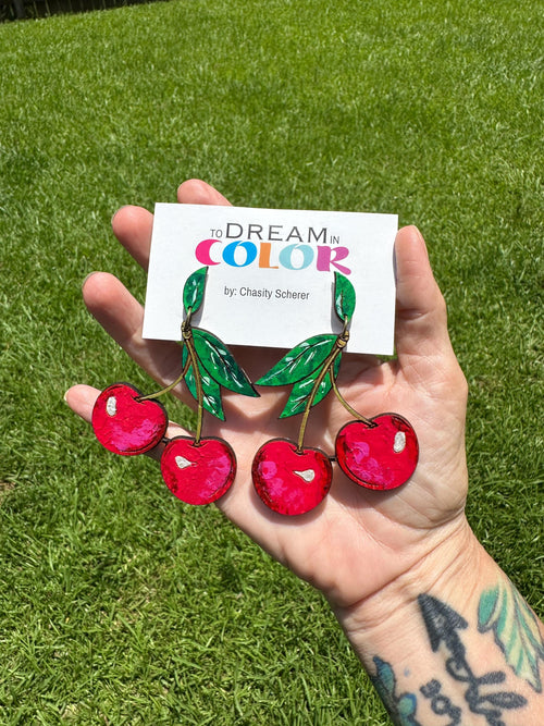 Cherry Earrings – Hand Painted Wood Statement Jewelry – Bold Earrings - Retro Fruit Lovers