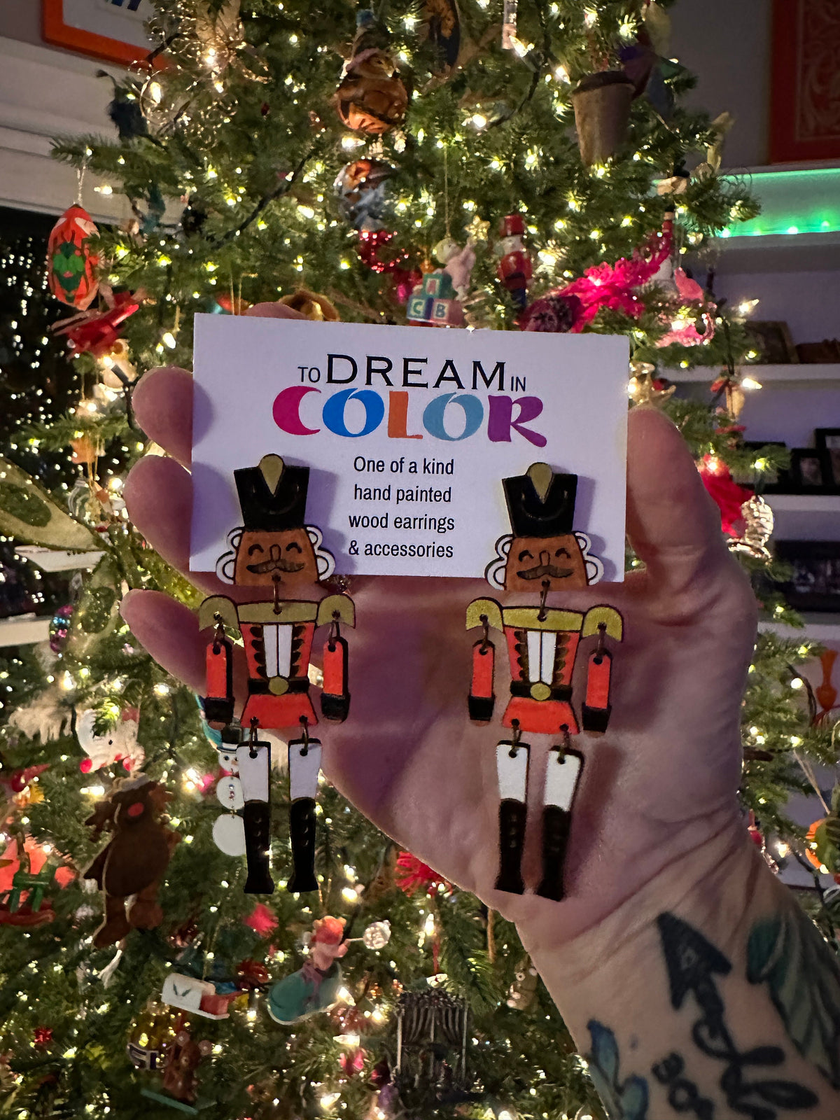 Hand-Painted Nutcracker Earrings: Wood Holiday Dangle Jewelry