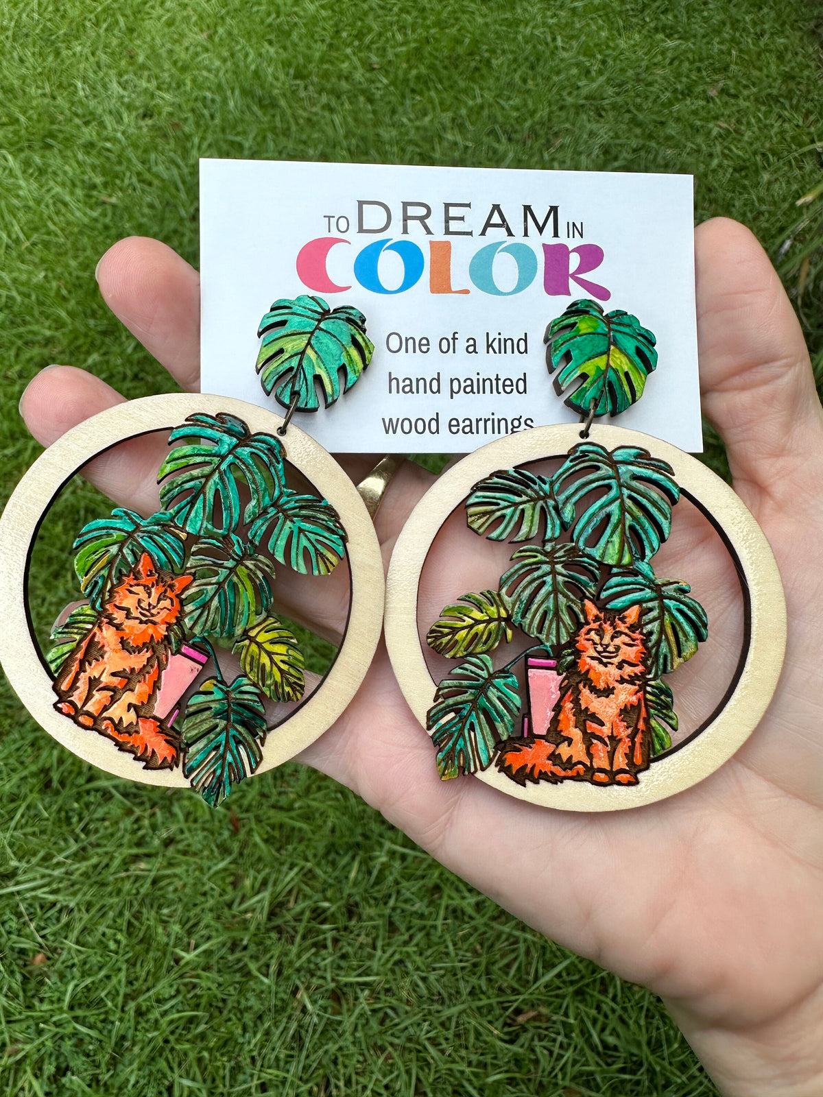 Hand-Painted Orange Cat Earrings: Tropical Monstera Wood Dangles