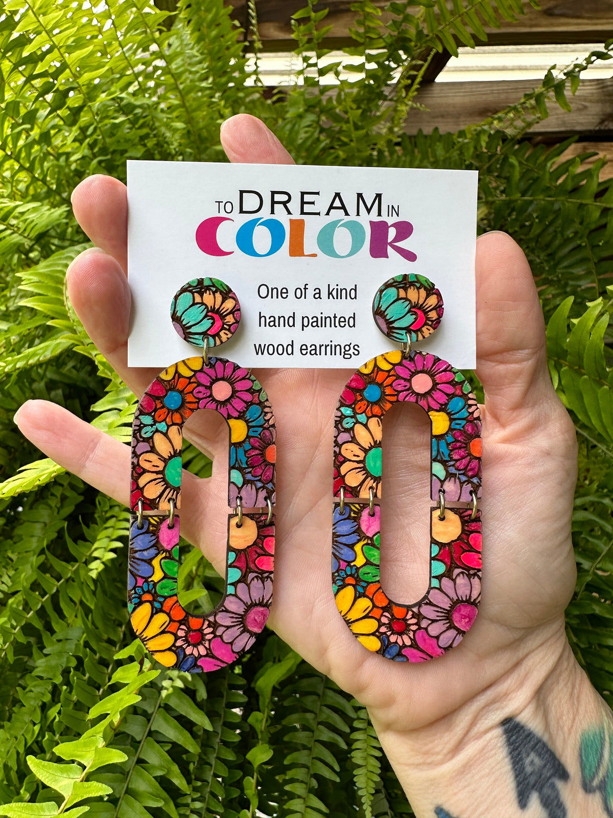 Hand-Painted Flower Hoop Earrings: Bold Maple Wood Jewelry