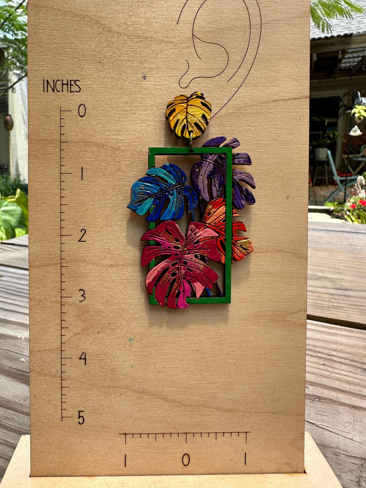 Rainbow Monstera Earrings: Hand-Painted Wood Tropical Statement Jewelry