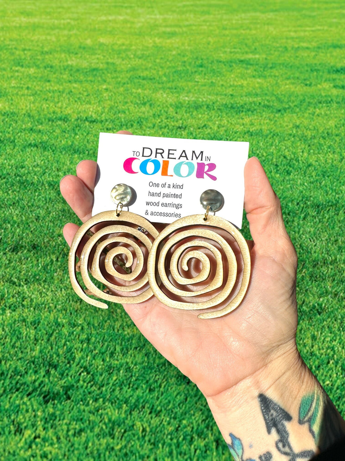 Hand-Painted Wood Spiral Earrings: Lightweight Resin-Shine Statement Jewelry