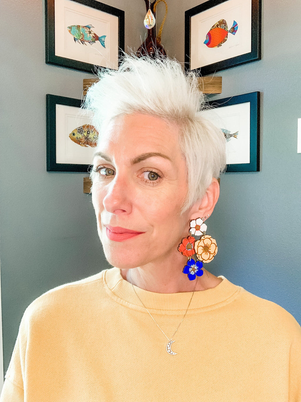 Hand-Painted Wood Flower Earrings: Bold Statement Dangle Earrings