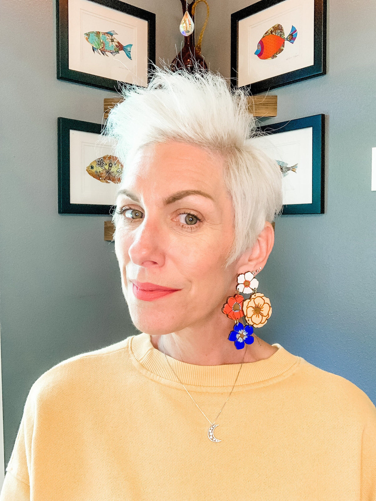 Hand-Painted Wood Flower Earrings: Bold Statement Dangle Earrings