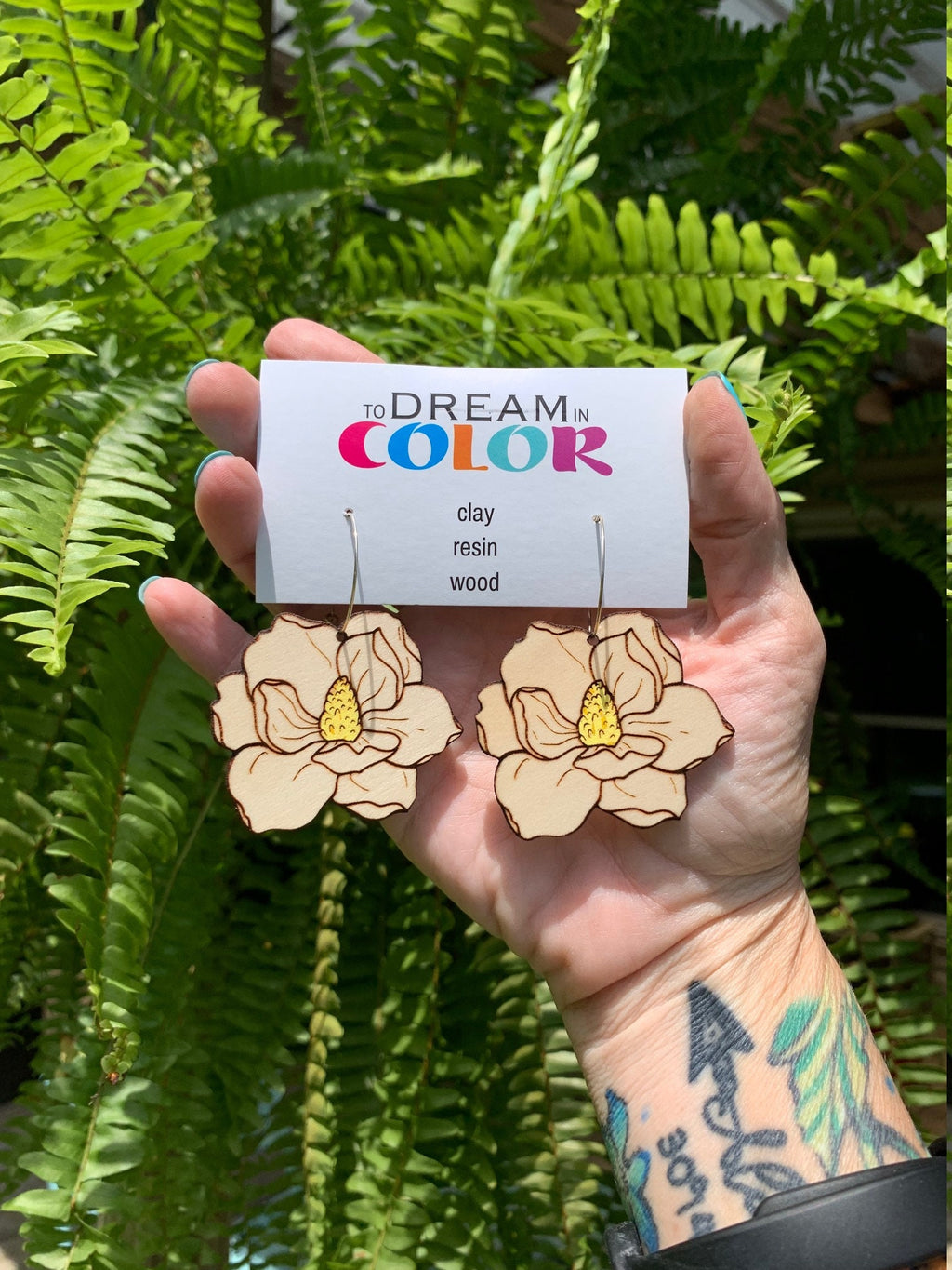 Laser Cut Magnolia Wood Earrings: Hand-Painted Statement Dangles