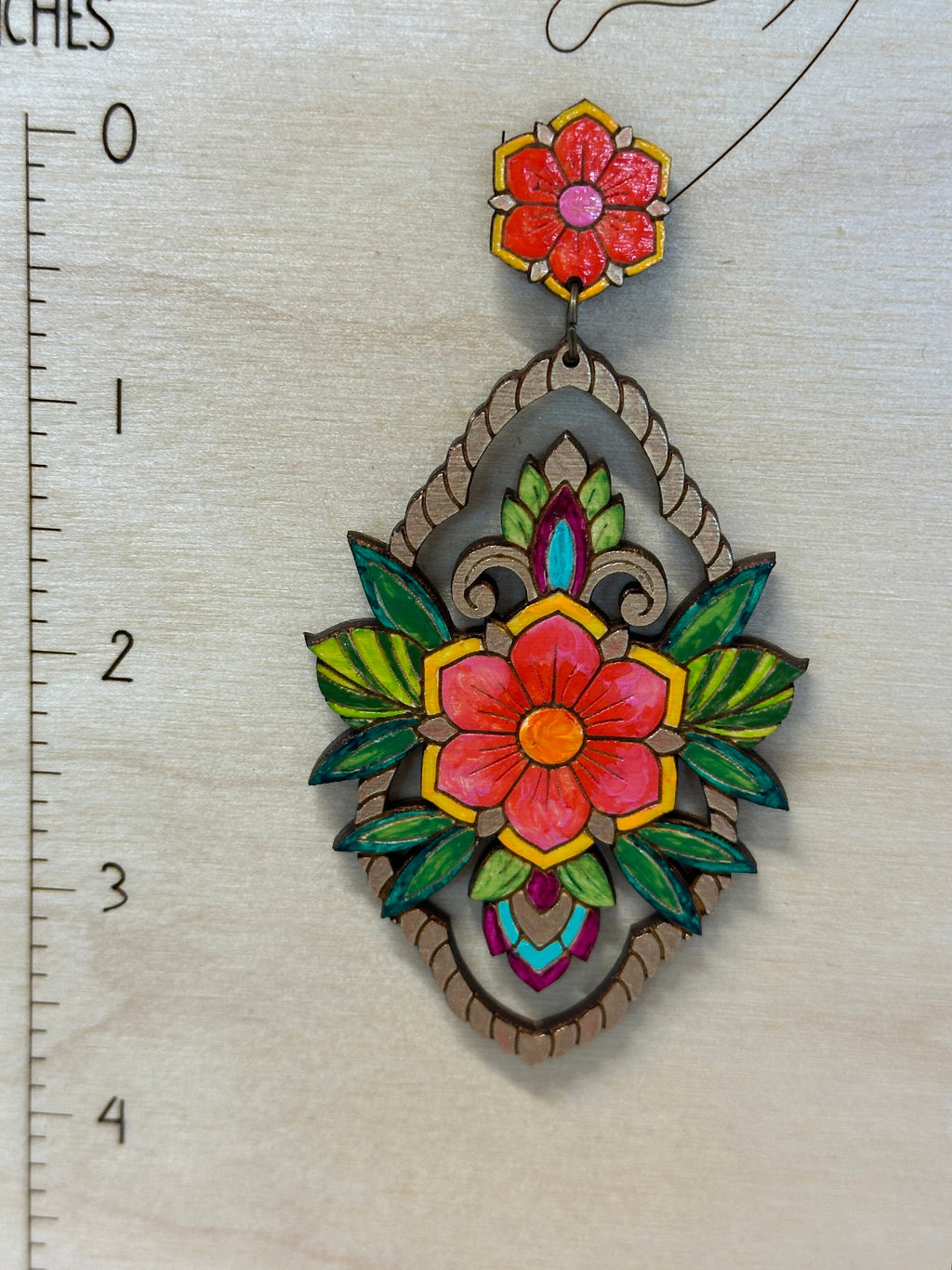 Handmade Colorful Flower Earrings: Lightweight Wood Medallion