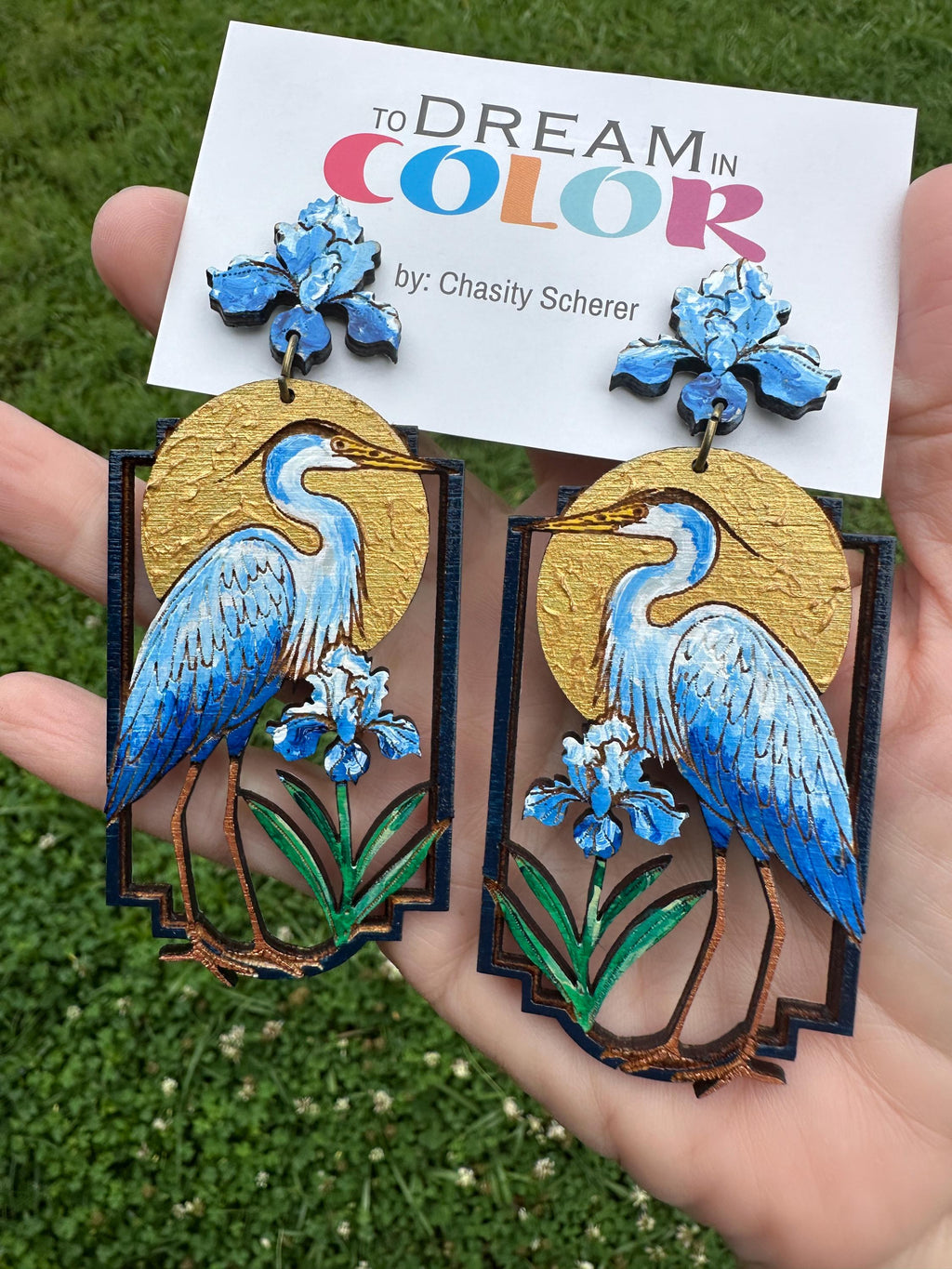 Hand-Painted Heron Earrings: Floral Bayou Art Jewelry, Lightweight Wood