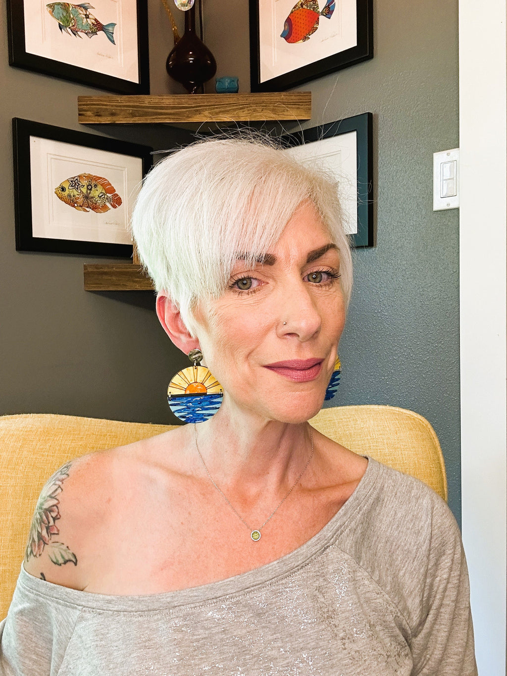 Hand-Painted Sun and Ocean Wood Earrings: Lightweight Hypoallergenic Hooks