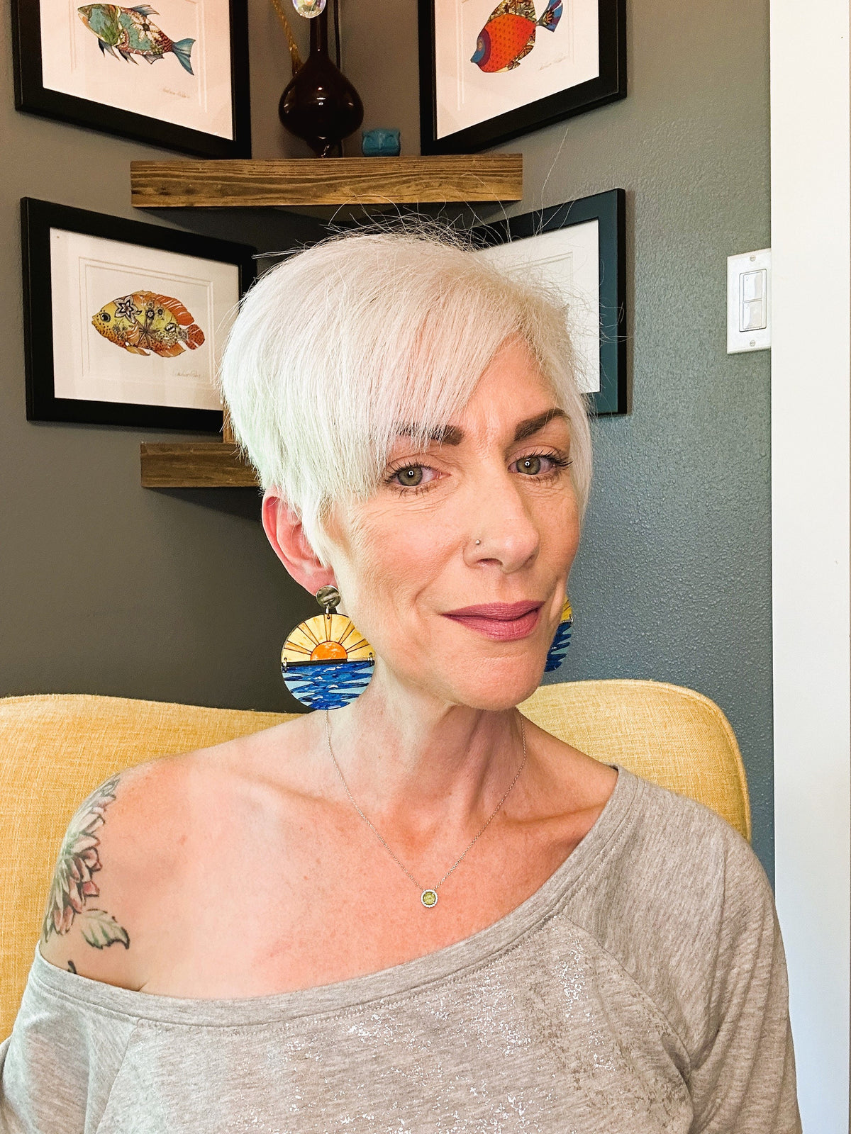 Hand-Painted Sun and Ocean Wood Earrings: Lightweight Hypoallergenic Hooks