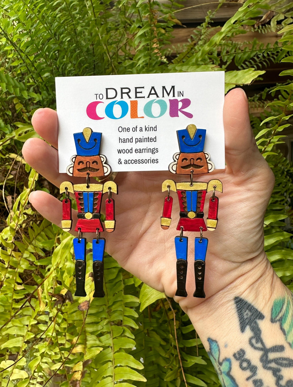 Hand-Painted Nutcracker Earrings: Wood Holiday Dangle Jewelry
