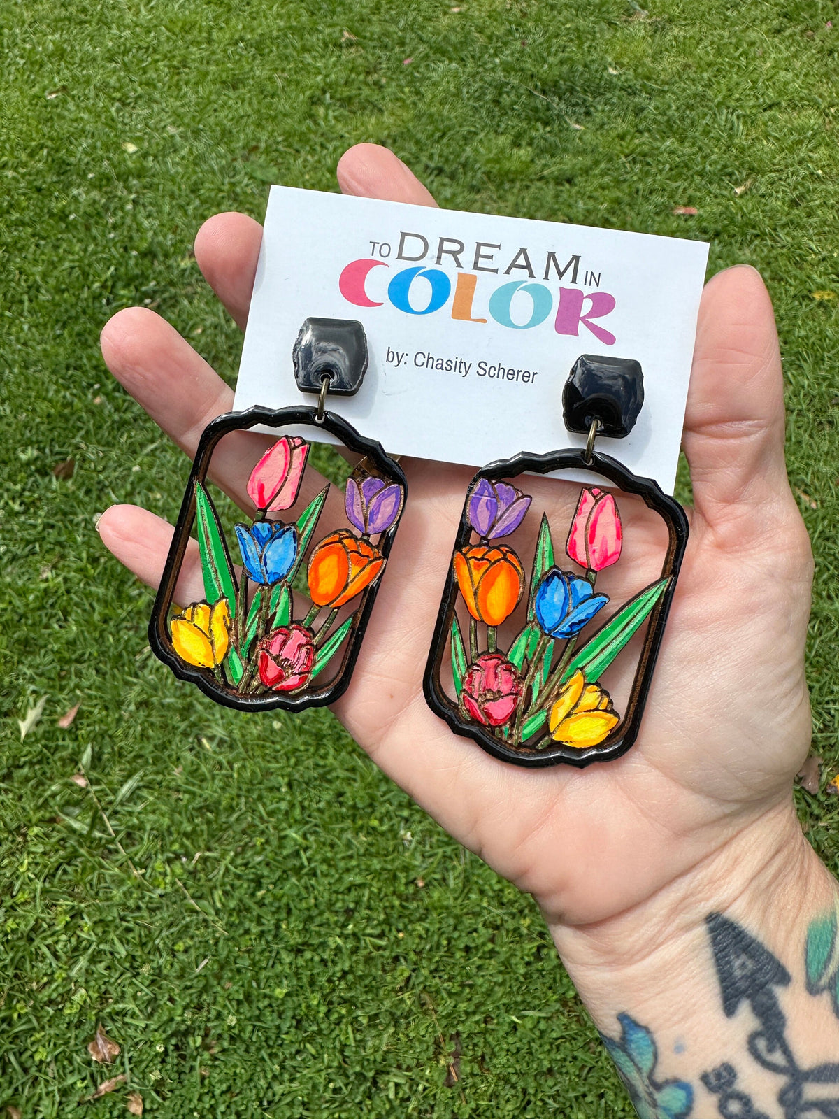 Hand-Painted Tulip Garden Earrings: Lightweight Wood Resin Floral Jewelry