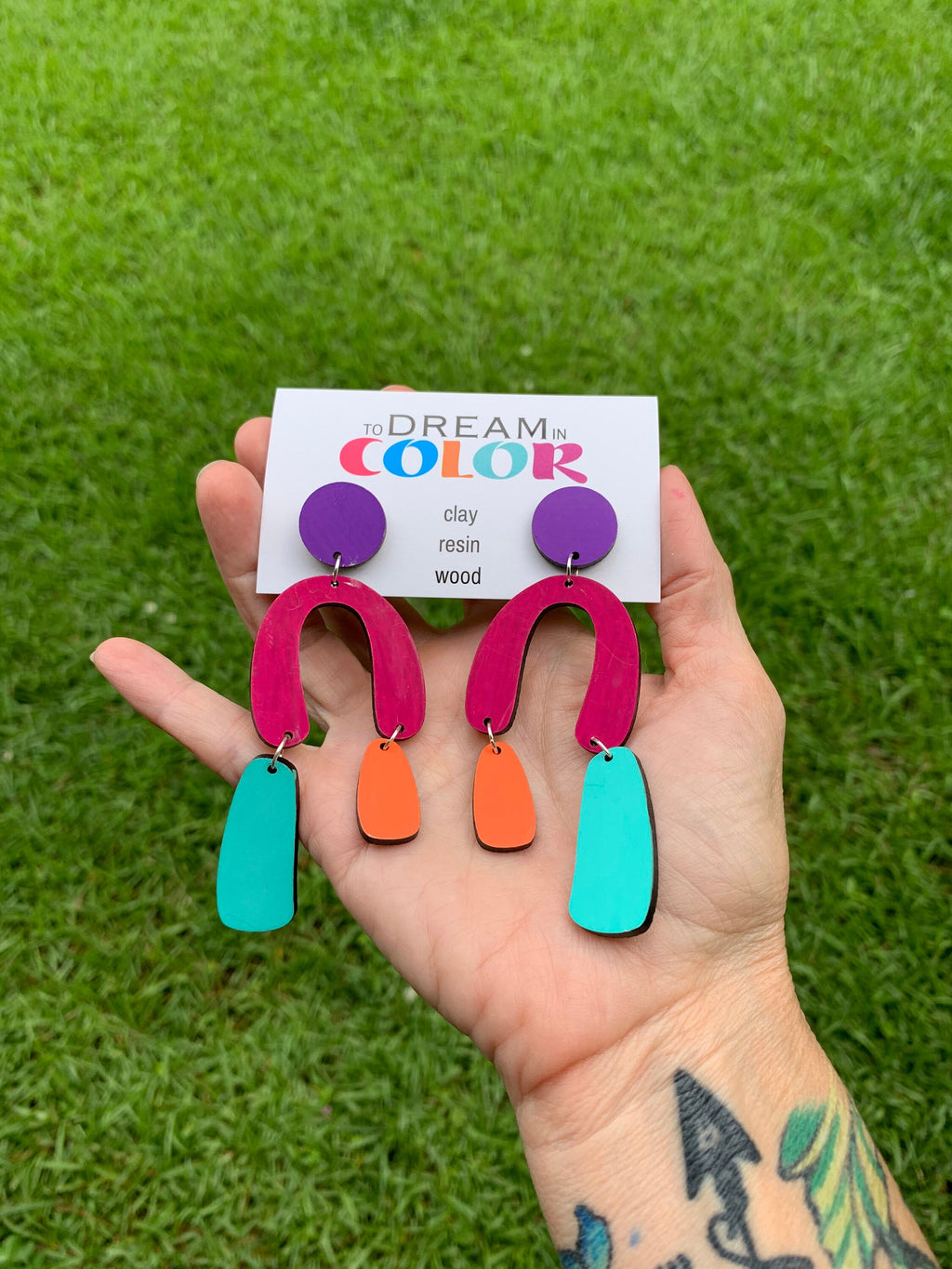 Handmade Wood Dangle Earrings: 80s Inspired Bold Statement