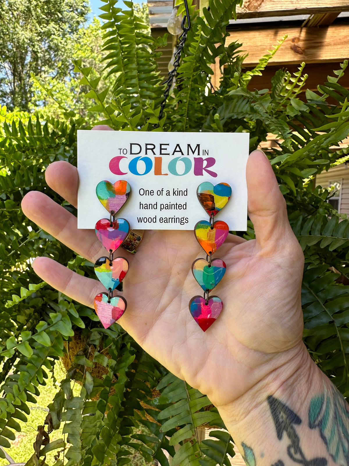 Hand-Painted Heart Dangle Earrings: Bold Laser Cut Wood
