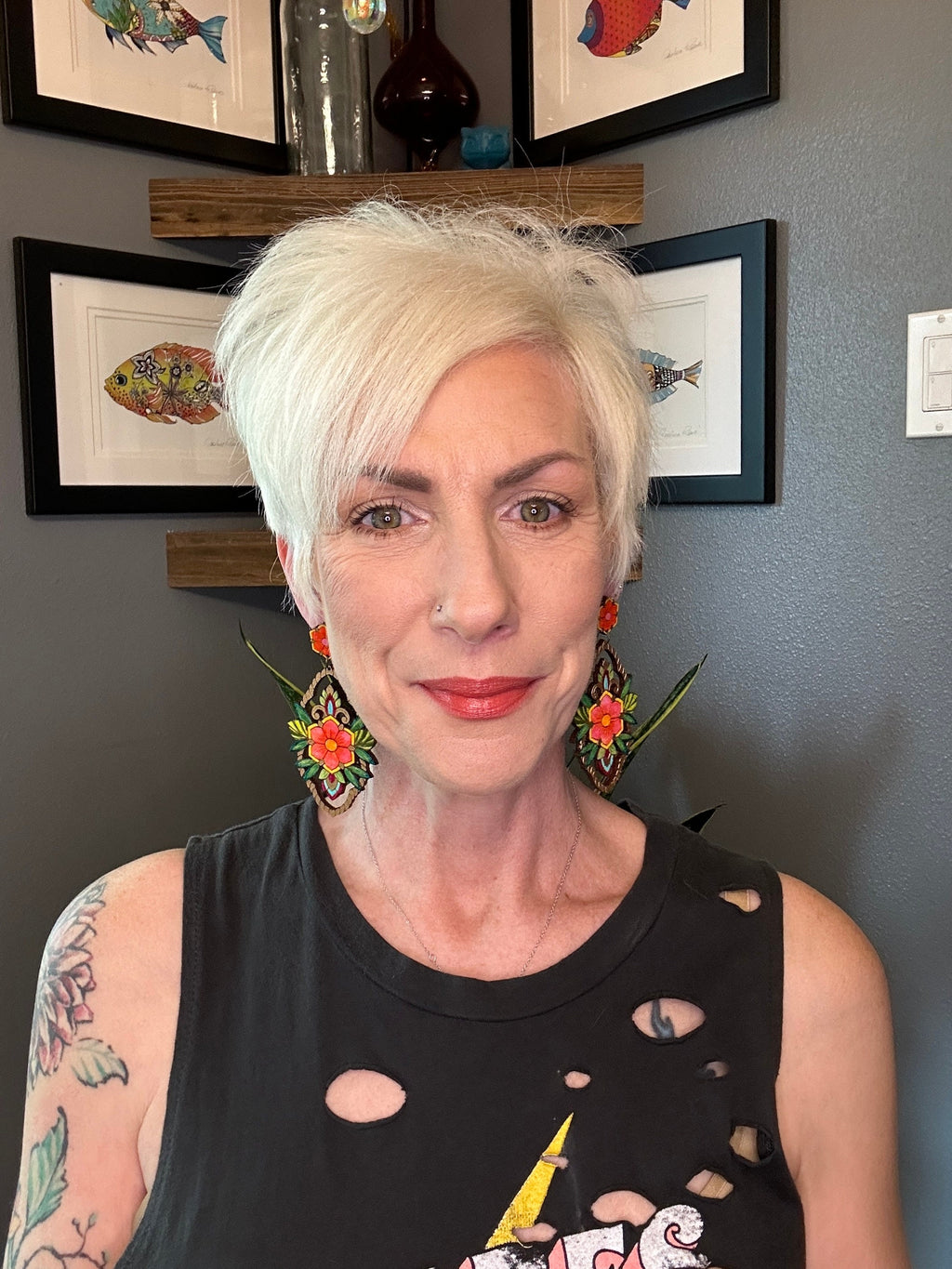 Handmade Colorful Flower Earrings: Lightweight Wood Medallion