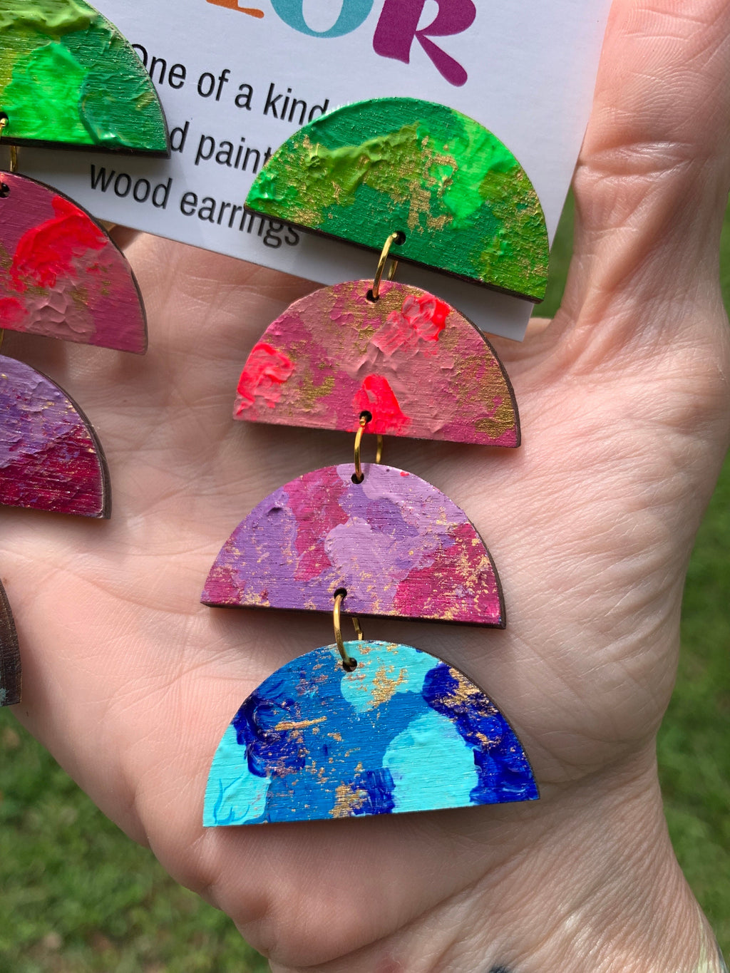 Hand-Painted Wood Dangle Earrings: Bold Multicolored Statement Jewelry
