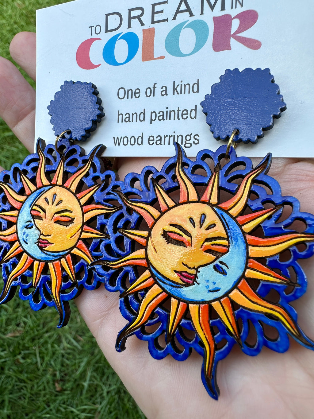 Hand-Painted Sun and Moon Earrings: Celestial Wood Statement Jewelry