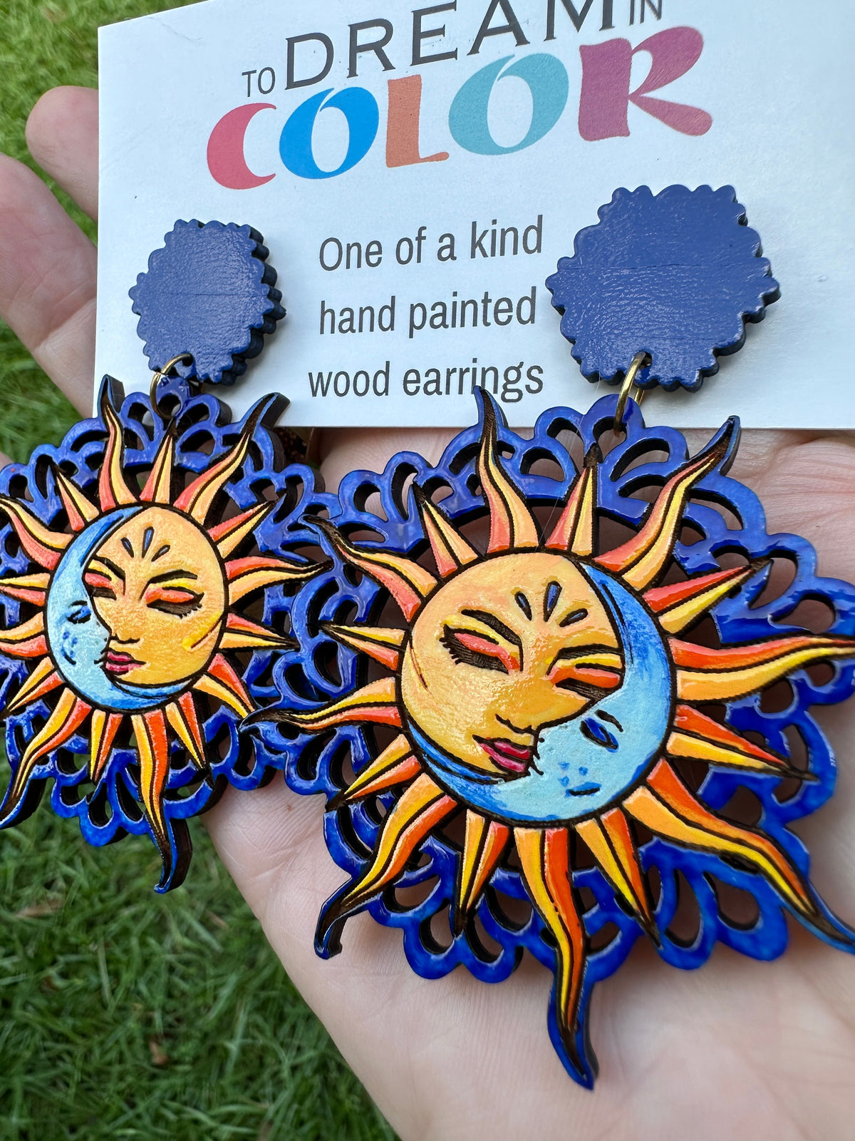 Hand-Painted Sun and Moon Earrings: Celestial Wood Statement Jewelry